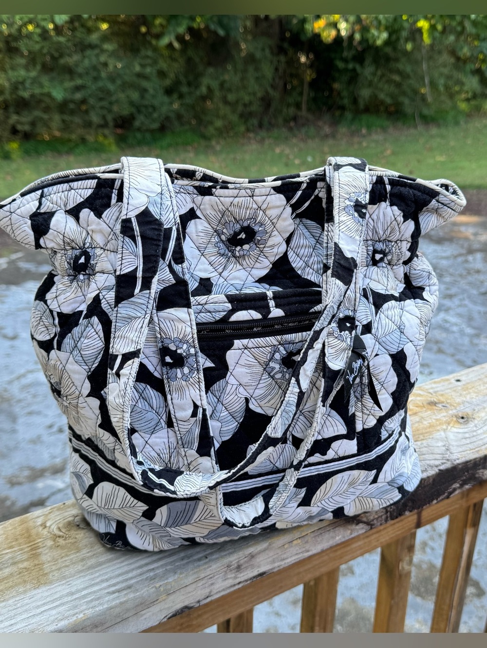 Vera Bradley Retired Camellia Black & White Floral Quilted Tote with Top Handles